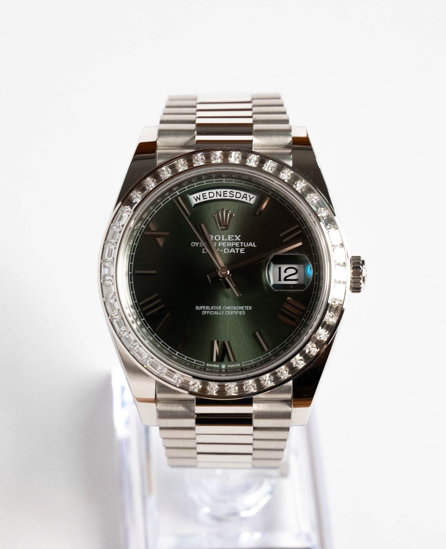 Rolex Day-Date 40 Platinum 2022 Olive Green Dial Diamond Baguette Bezel 228396TBR