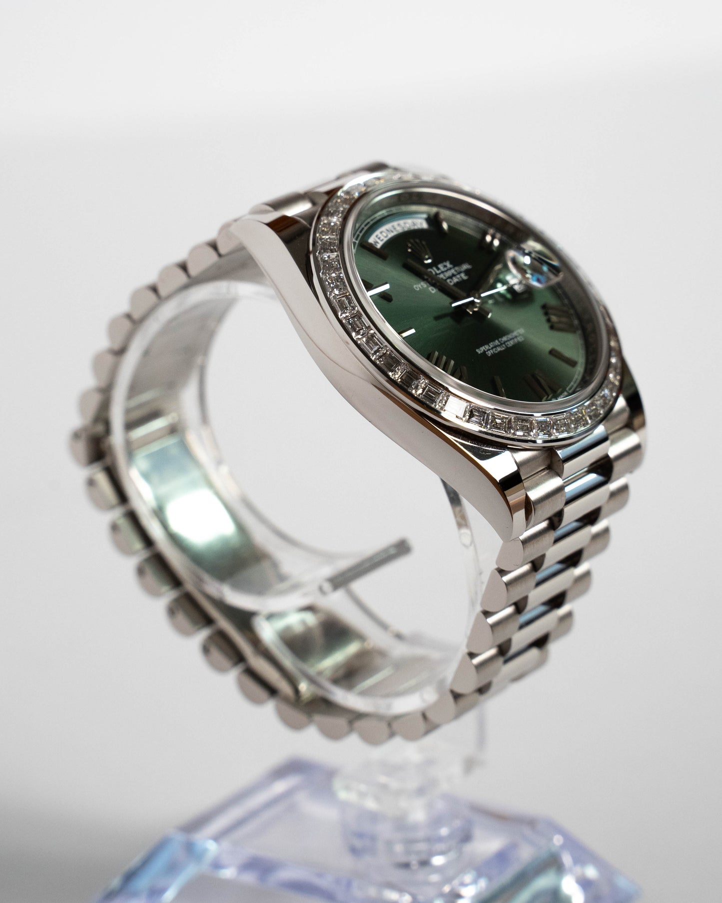 Rolex Day-Date 40 Platinum 2022 Olive Green Dial Diamond Baguette Bezel 228396TBR
