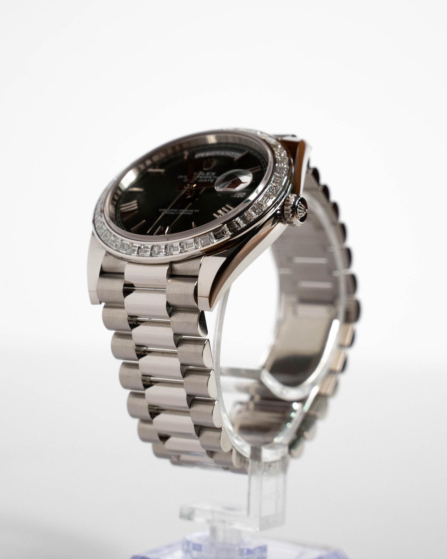 Rolex Day-Date 40 Platinum 2022 Olive Green Dial Diamond Baguette Bezel 228396TBR