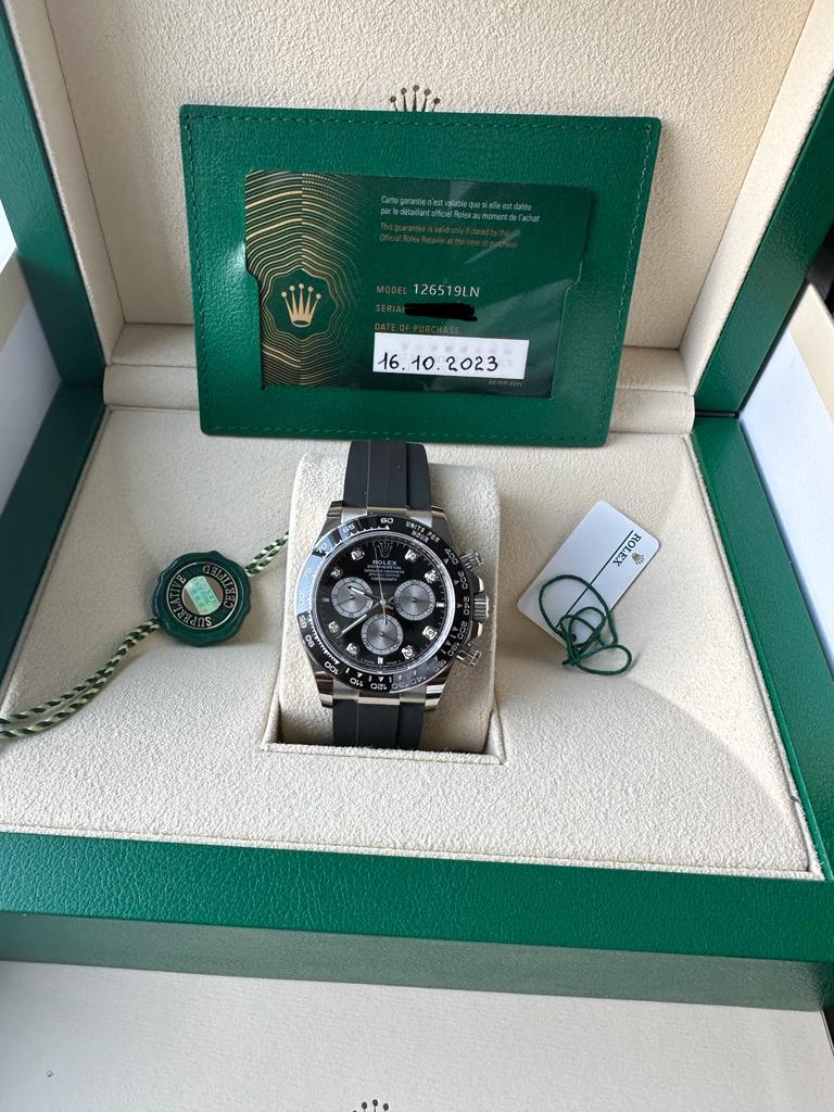 Rolex Daytona Oysterflex White Gold Diamond Dot 2023 New Reference 126519LN New Full Set