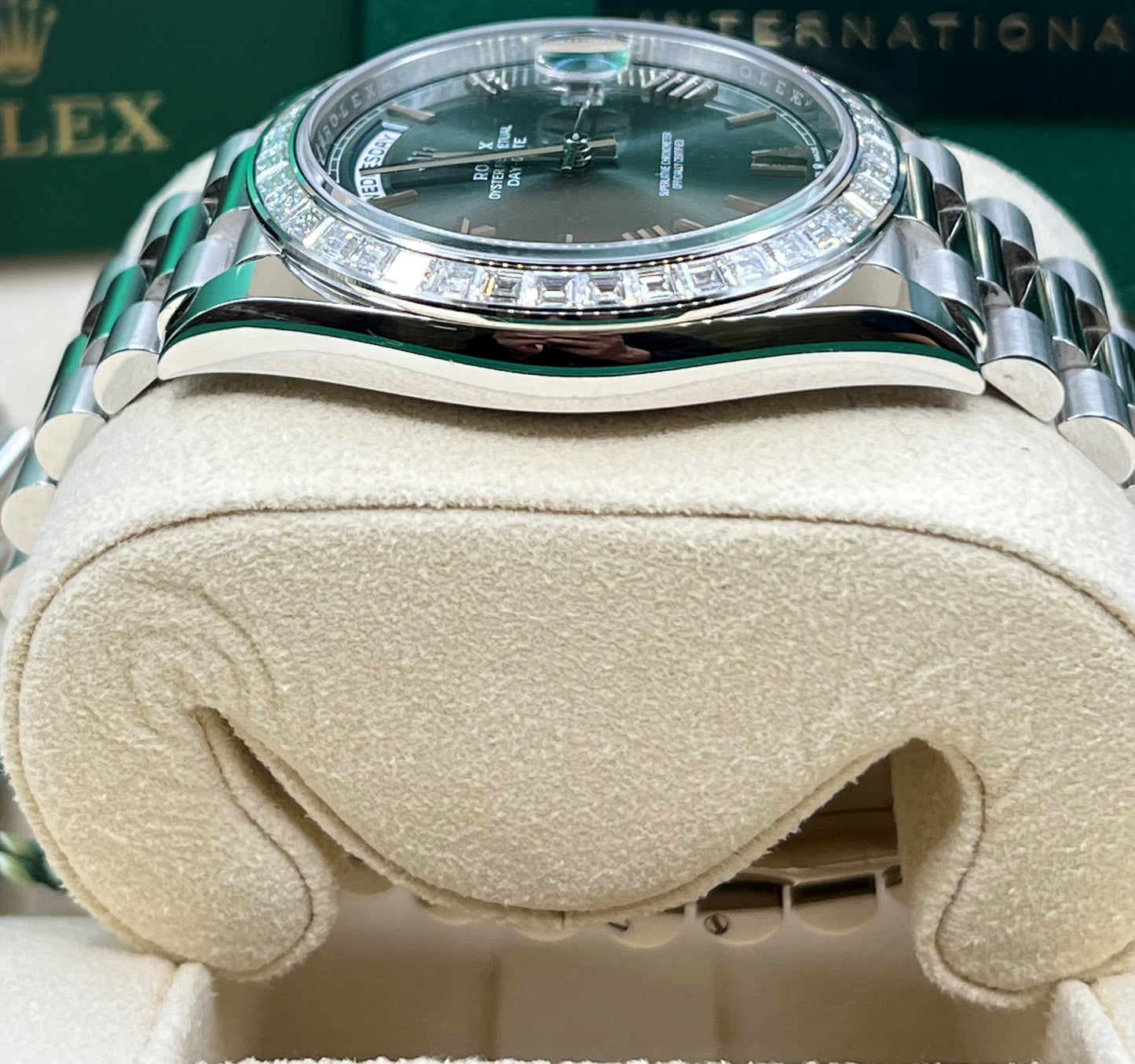 Rolex Day-Date 40 Platinum 2022 Olive Green Dial Diamond Baguette Bezel 228396TBR