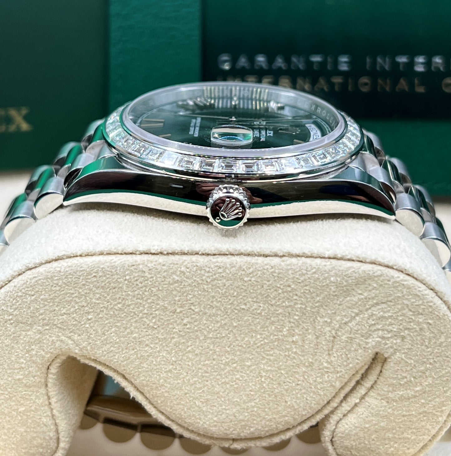 Rolex Day-Date 40 Platinum 2022 Olive Green Dial Diamond Baguette Bezel 228396TBR