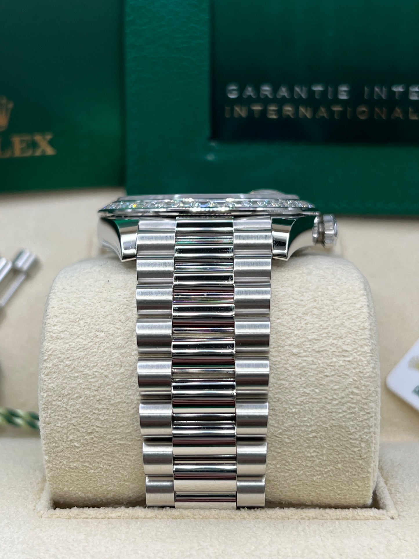 Rolex Day-Date 40 Platinum 2022 Olive Green Dial Diamond Baguette Bezel 228396TBR