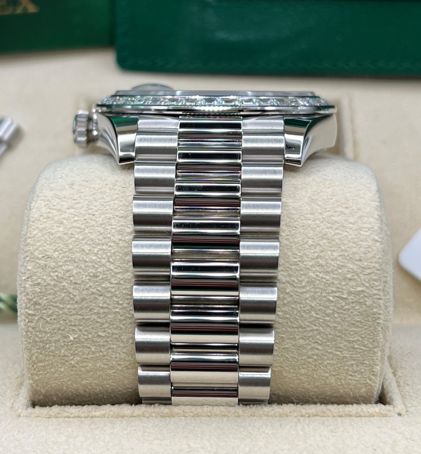 Rolex Day-Date 40 Platinum 2022 Olive Green Dial Diamond Baguette Bezel 228396TBR