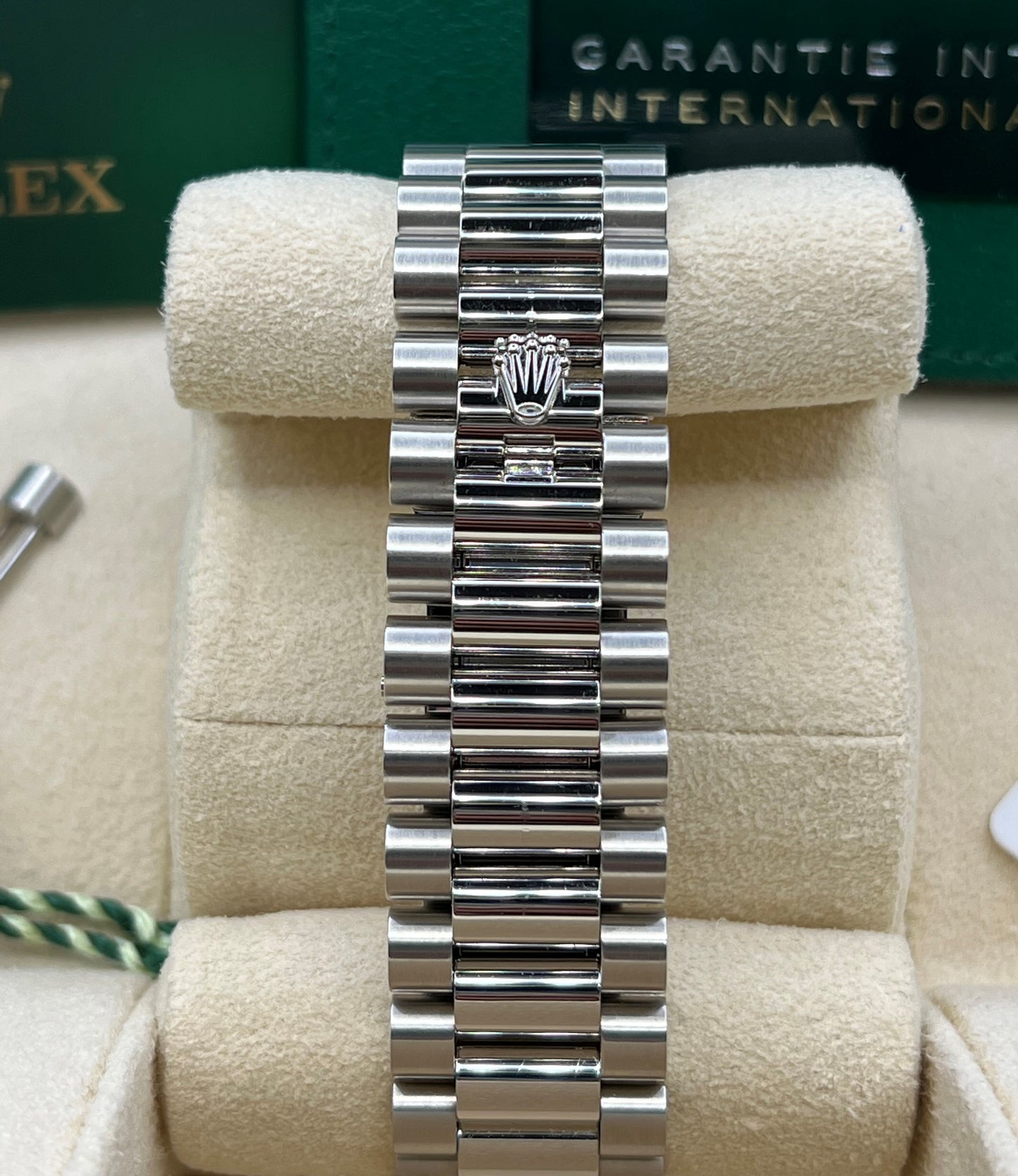 Rolex Day-Date 40 Platinum 2022 Olive Green Dial Diamond Baguette Bezel 228396TBR